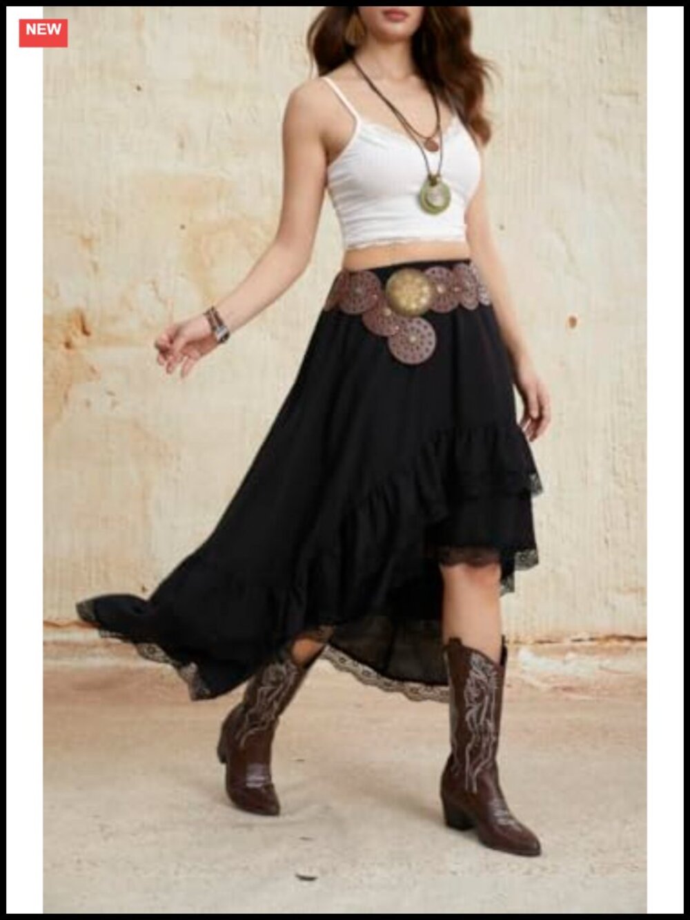 Women's Boho Asymmetrical Ruffle Lace Maxi Skirt High Low Cowgirl - Picture 5 of 5